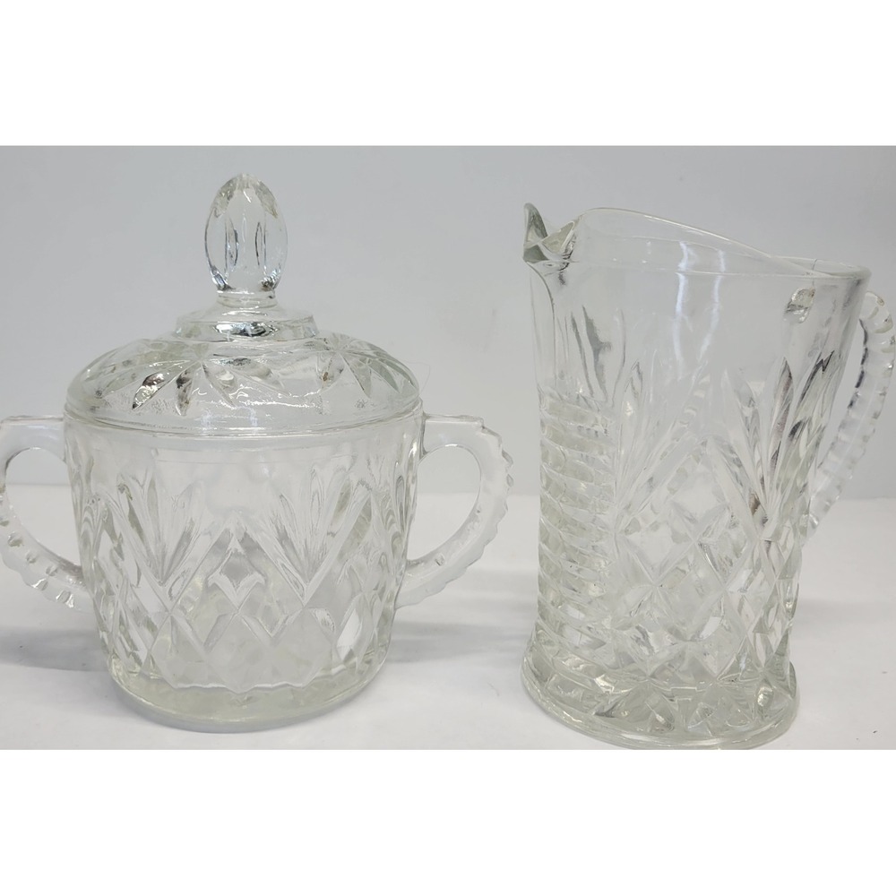 Clear Cut Glass Sugar Bowl with Lid and Matching Creamer